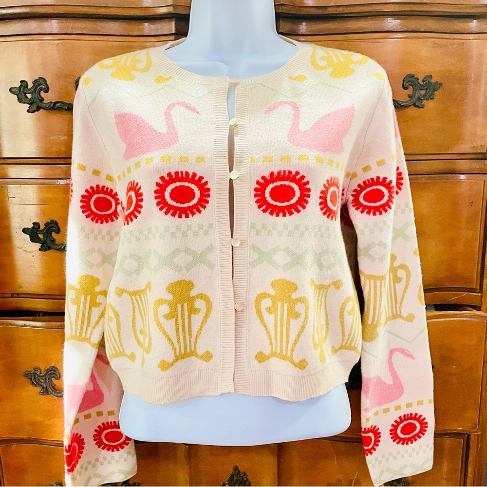 Kitri Carmel Fairisle Intarsia Knit Cardigan Pink Swan, Sun Motif XS/S